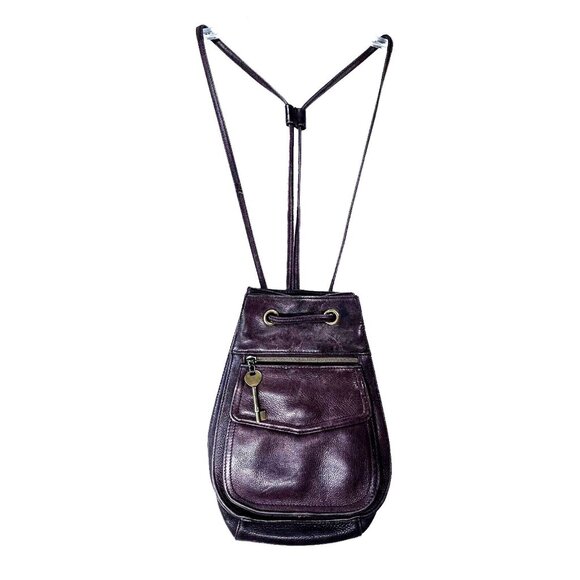 Fossil Handbags - Vtg Fossil Brown Pebbled Leather Backpack Purse Drawstring 75082 Key Charm
